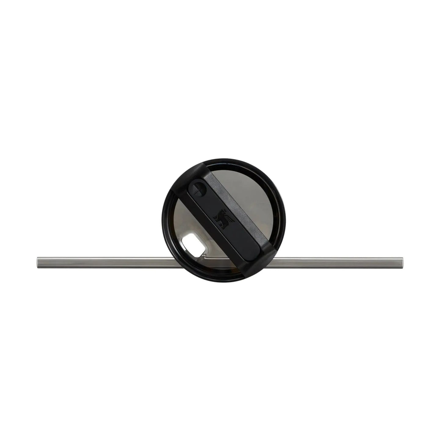 Black circular object with a reflective surface on a white background