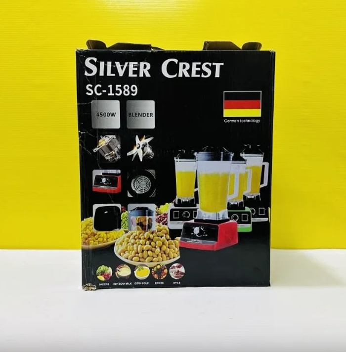 Silver Crest blender packaging with images of food and blender on a yellow background