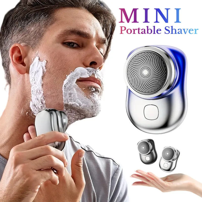 Man shaving with a mini portable shaver on a white background