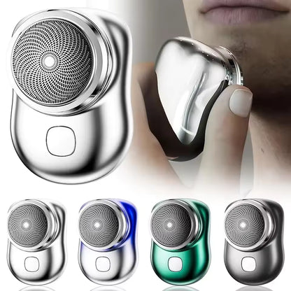 Portable electric shaver with different color options displayed on a white background.
