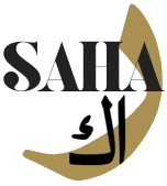 Logo with the word 'SAHA' in a stylized font, featuring Arabic calligraphy.