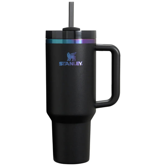 Black Stanley mug with handle and straw on a white background